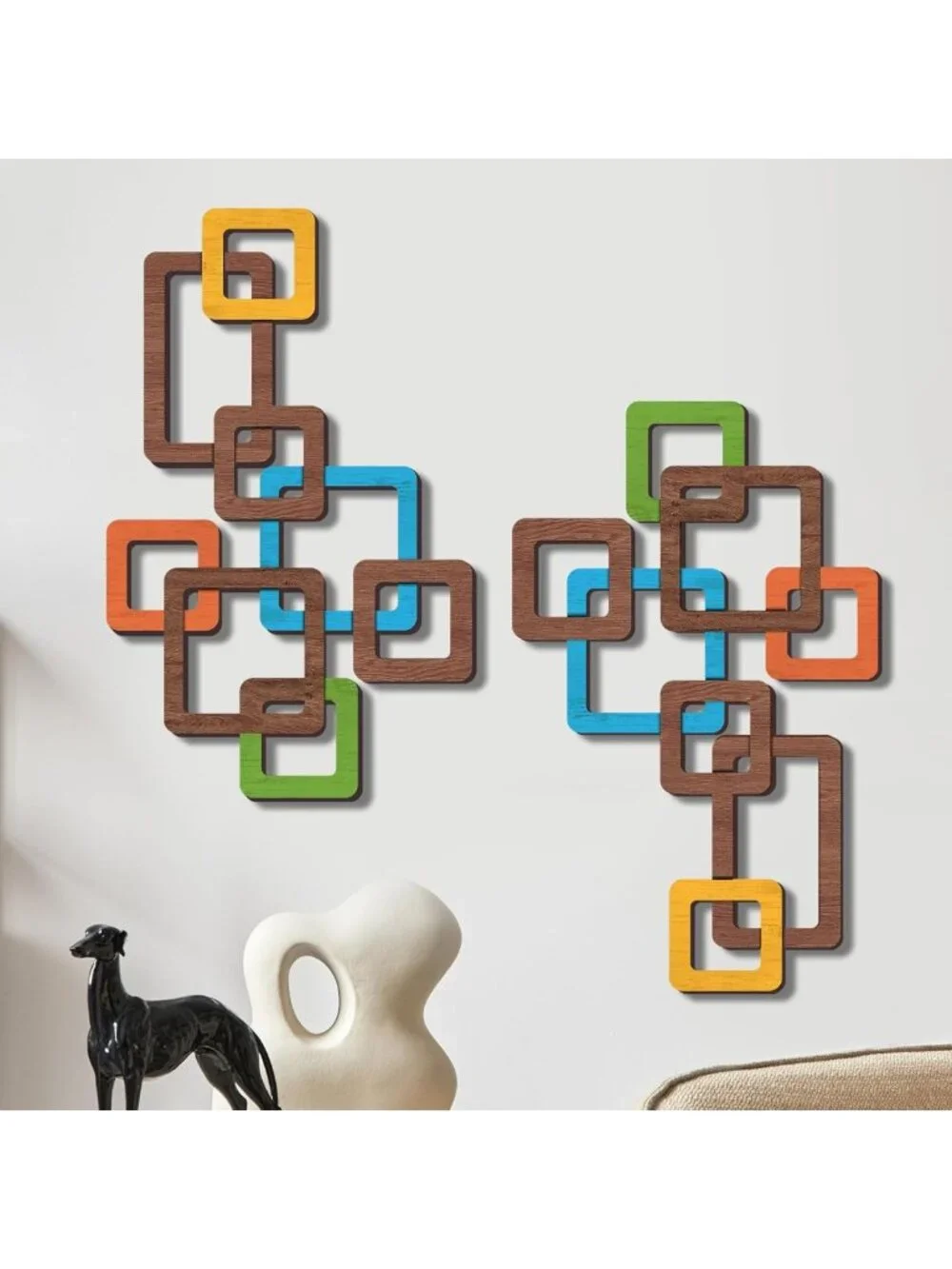 2 Pcs Mid Century Modern Wooden Wall Art - Vintage Geometric Decor Accents